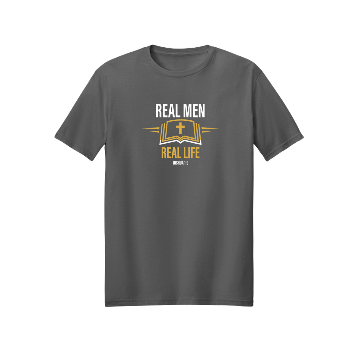 RMRL Core Identity Tee Dark Heather center-chest logo — product mockup