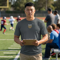Asian man coaching youth football in RMRL Iron Grey Dry-Fit Tee with Real Men Real Life left-chest logo on sideline