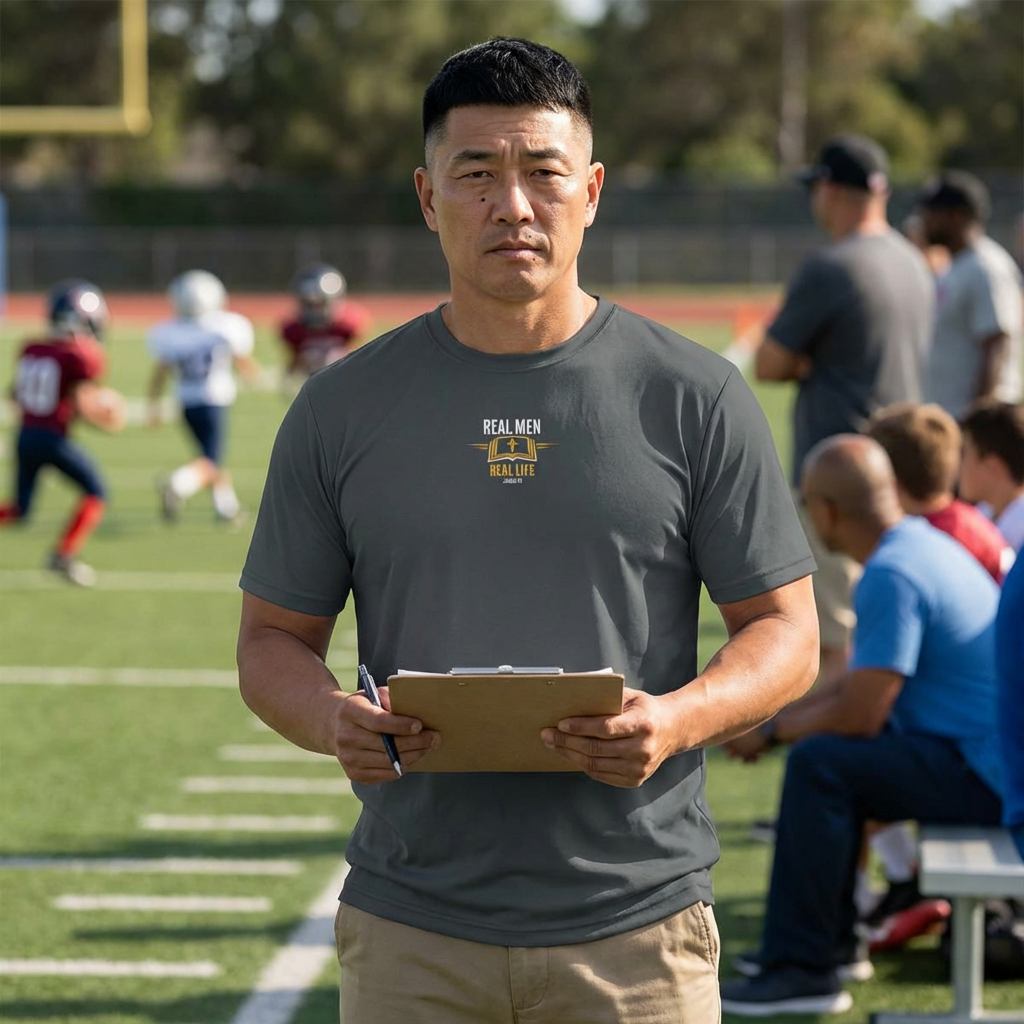 Asian man coaching youth football in RMRL Iron Grey Dry-Fit Tee with Real Men Real Life left-chest logo on sideline