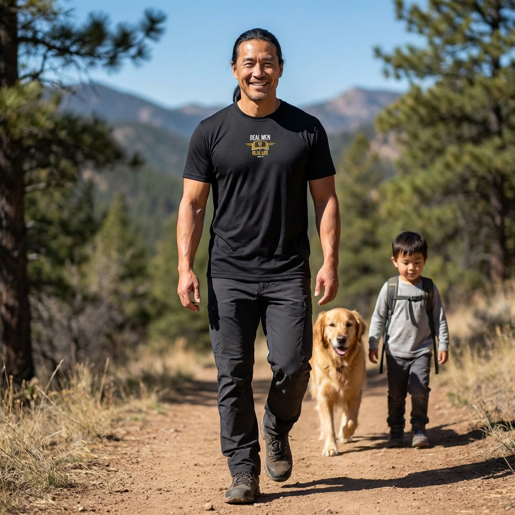 Man hiking mountain trail with son and golden retriever wearing RMRL Black Dry-Fit Tee with Real Men Real Life left-chest logo