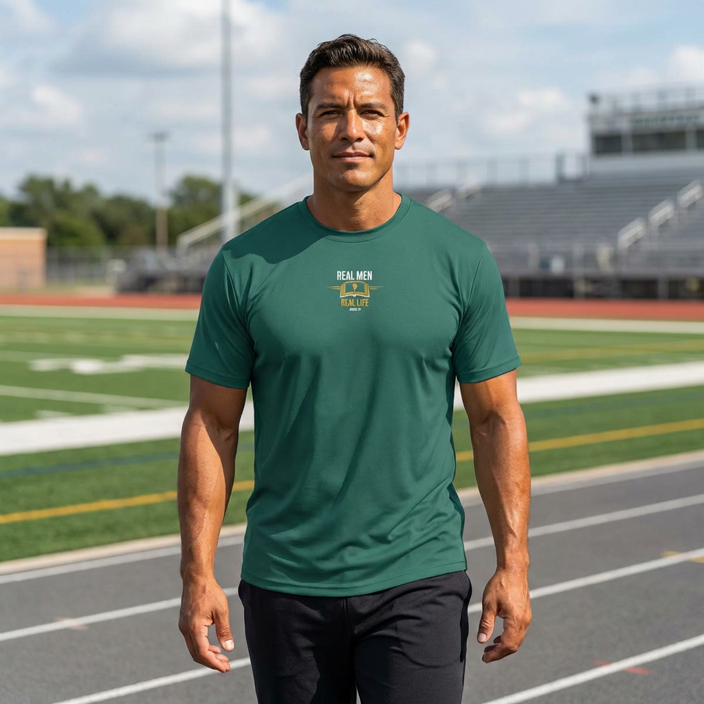 Hispanic man walking stadium track wearing RMRL Forest Green Dry-Fit Tee with Real Men Real Life left-chest logo