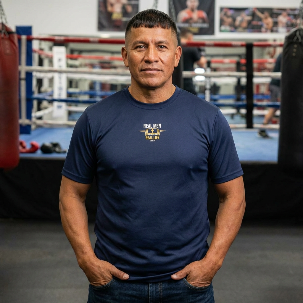 Hispanic man standing in boxing gym wearing RMRL True Navy Dry-Fit Tee with Real Men Real Life left-chest logo