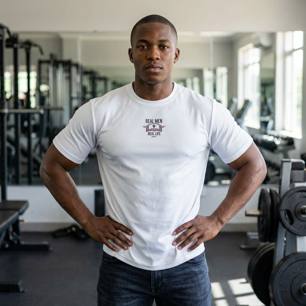 Man wearing RMRL Dry-Fit Performance Collection white tee with small chest logo standing in a gym