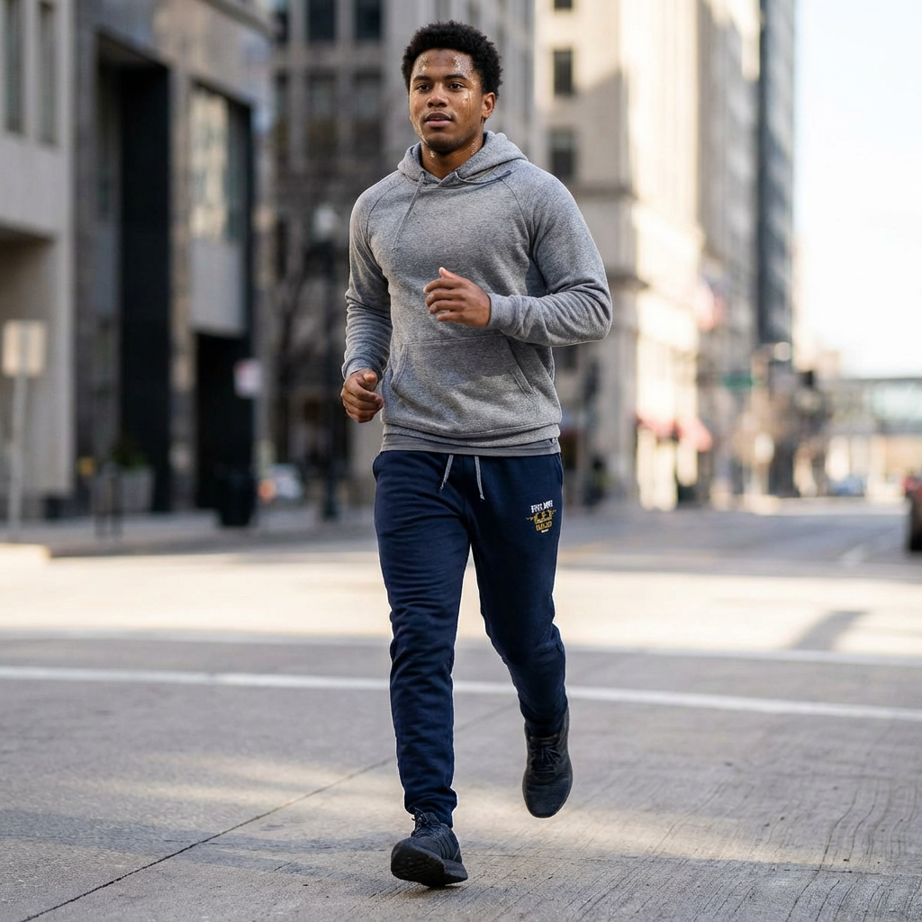 Man running in city wearing RMRL Performance Collection navy joggers with embroidered hip logo and gray hoodie