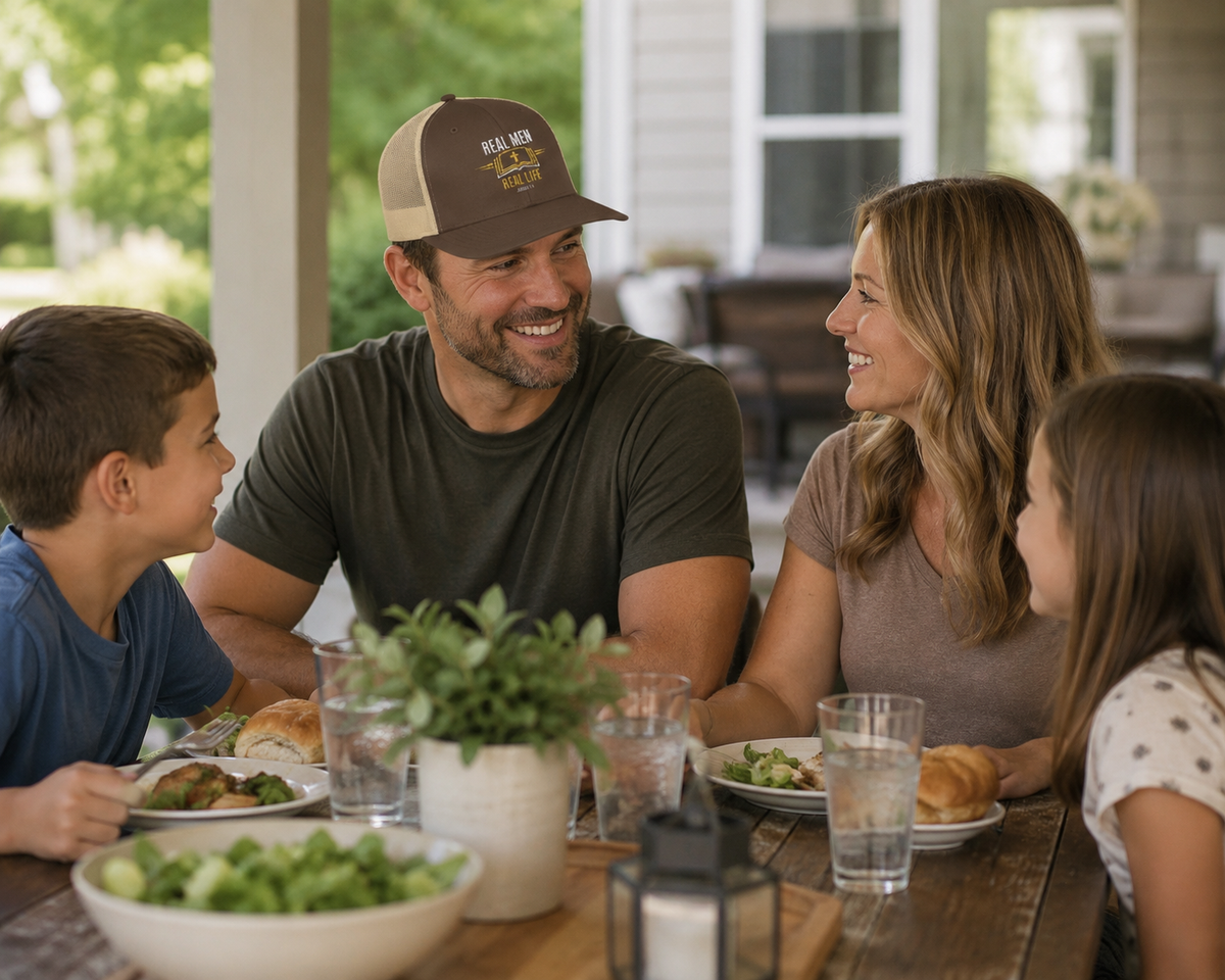 Man at family porch dinner table wearing dark brown khaki RMRL Trucker Hat with gold center-front Real Men Real Life emblem