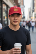 East Asian man close-up wearing solid cardinal red RMRL Core Identity Cap on city sidewalk