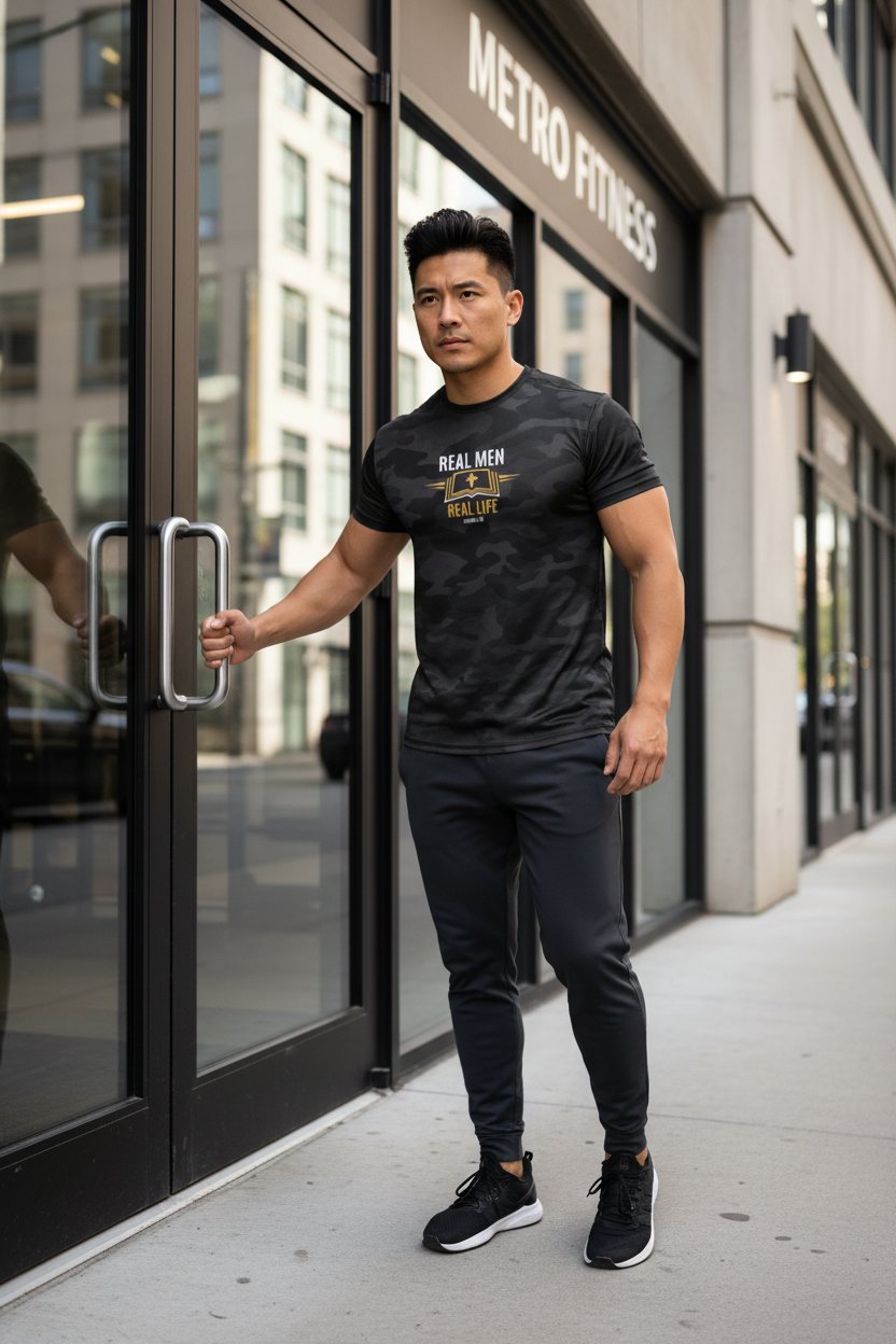 Asian man at gym entrance wearing RMRL Black Camo Dry-Fit Tee with Real Men Real Life center-chest logo