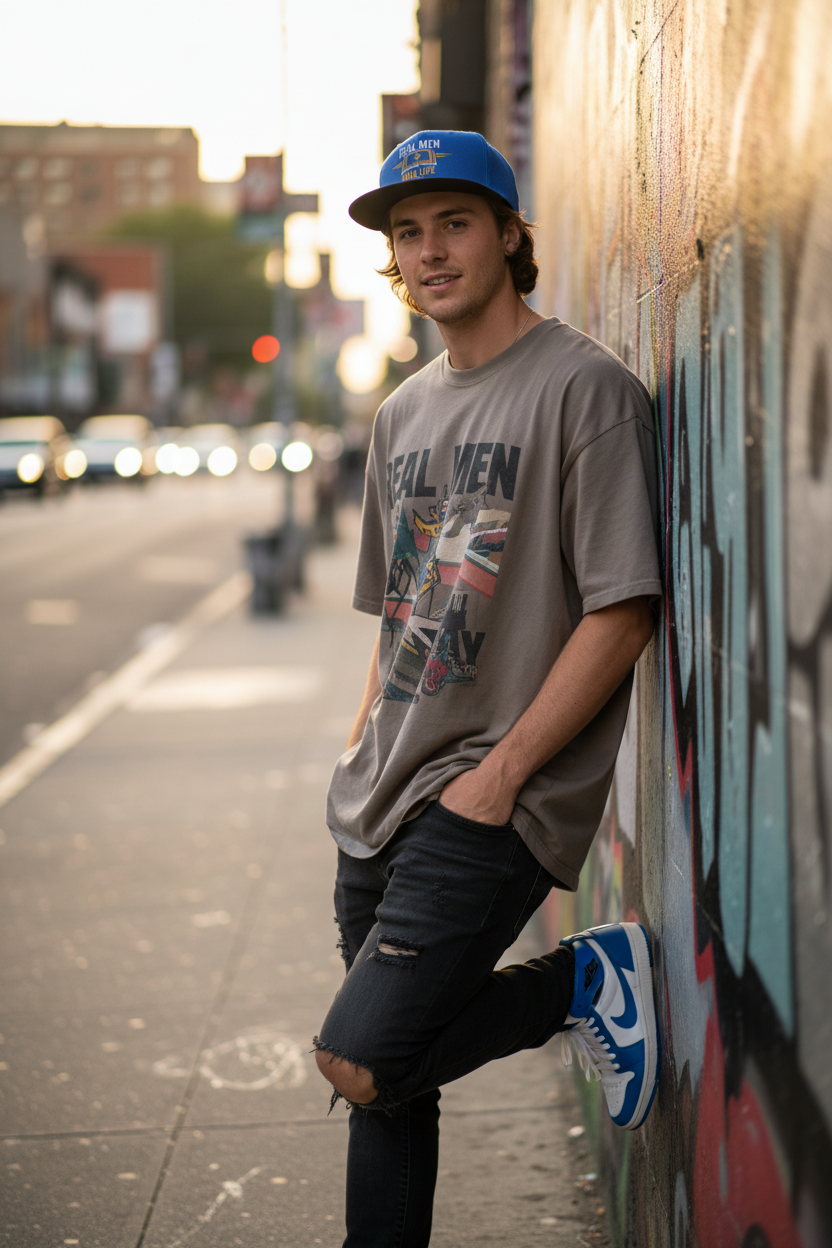 Young Gen Z Caucasian man leaning against graffiti wall wearing royal blue RMRL Streetwear flatbill snapback