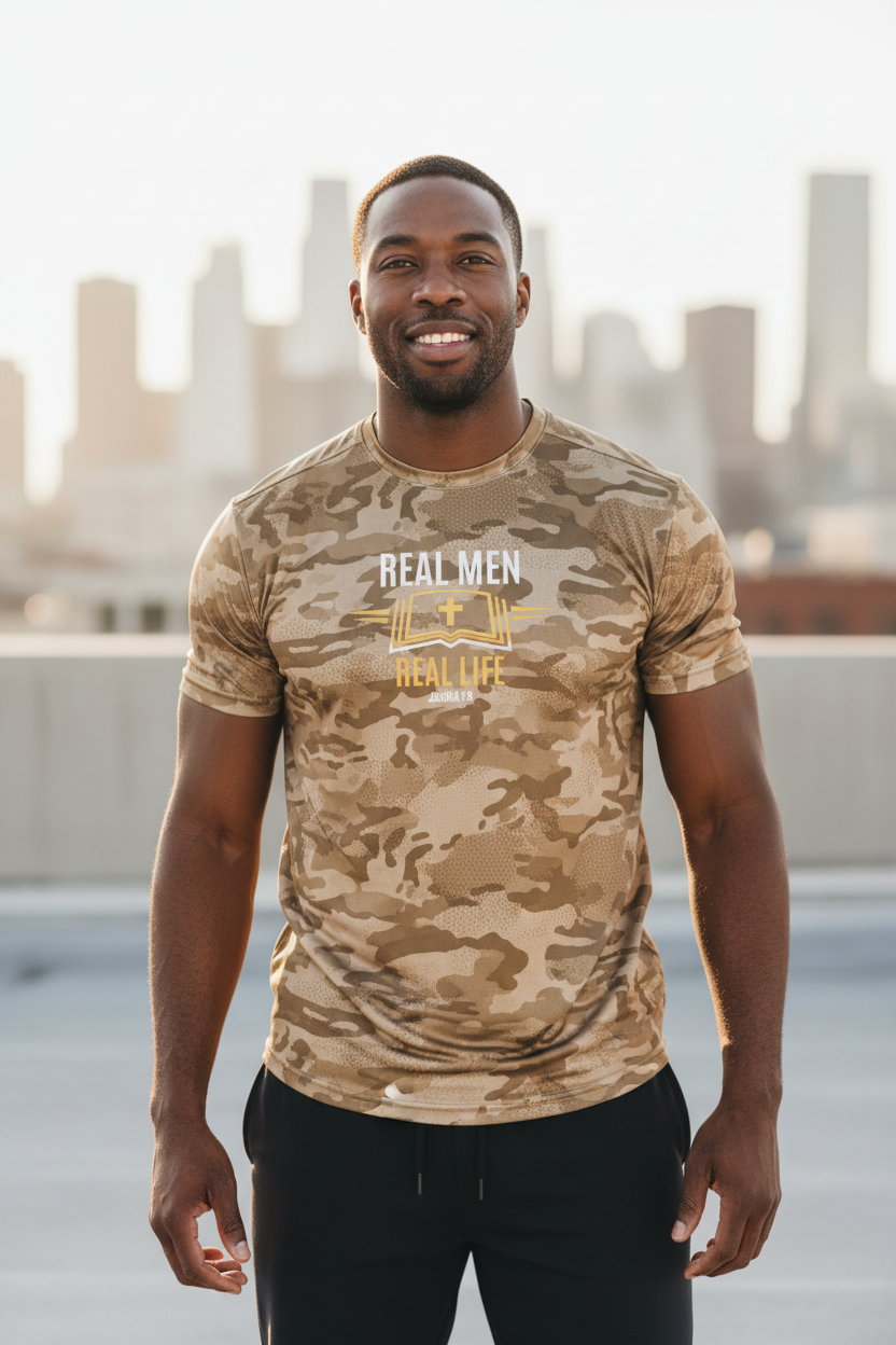 African American man on rooftop with city skyline wearing RMRL Tan Camo Dry-Fit Tee with Real Men Real Life center-chest logo