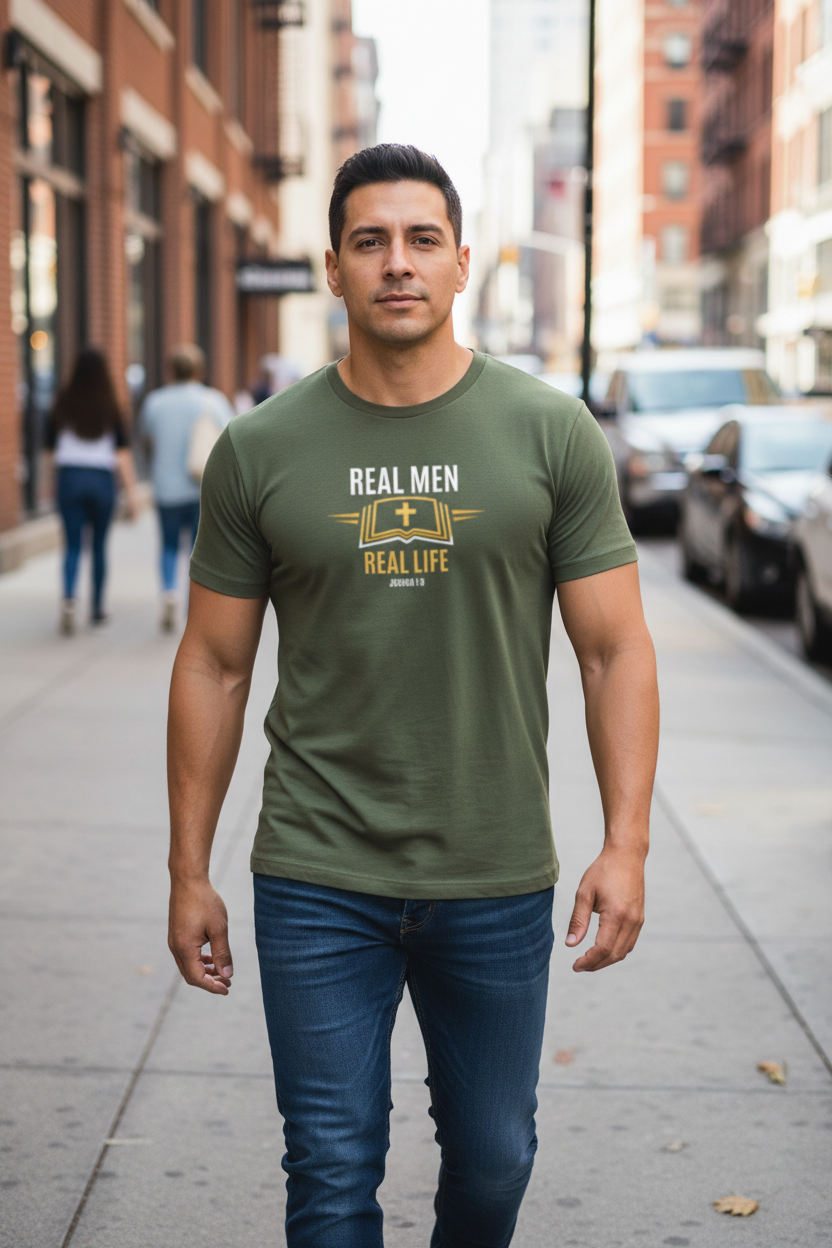 Man walking urban street wearing military green RMRL Core Identity Collection tee with bold center-chest Real Men Real Life logo