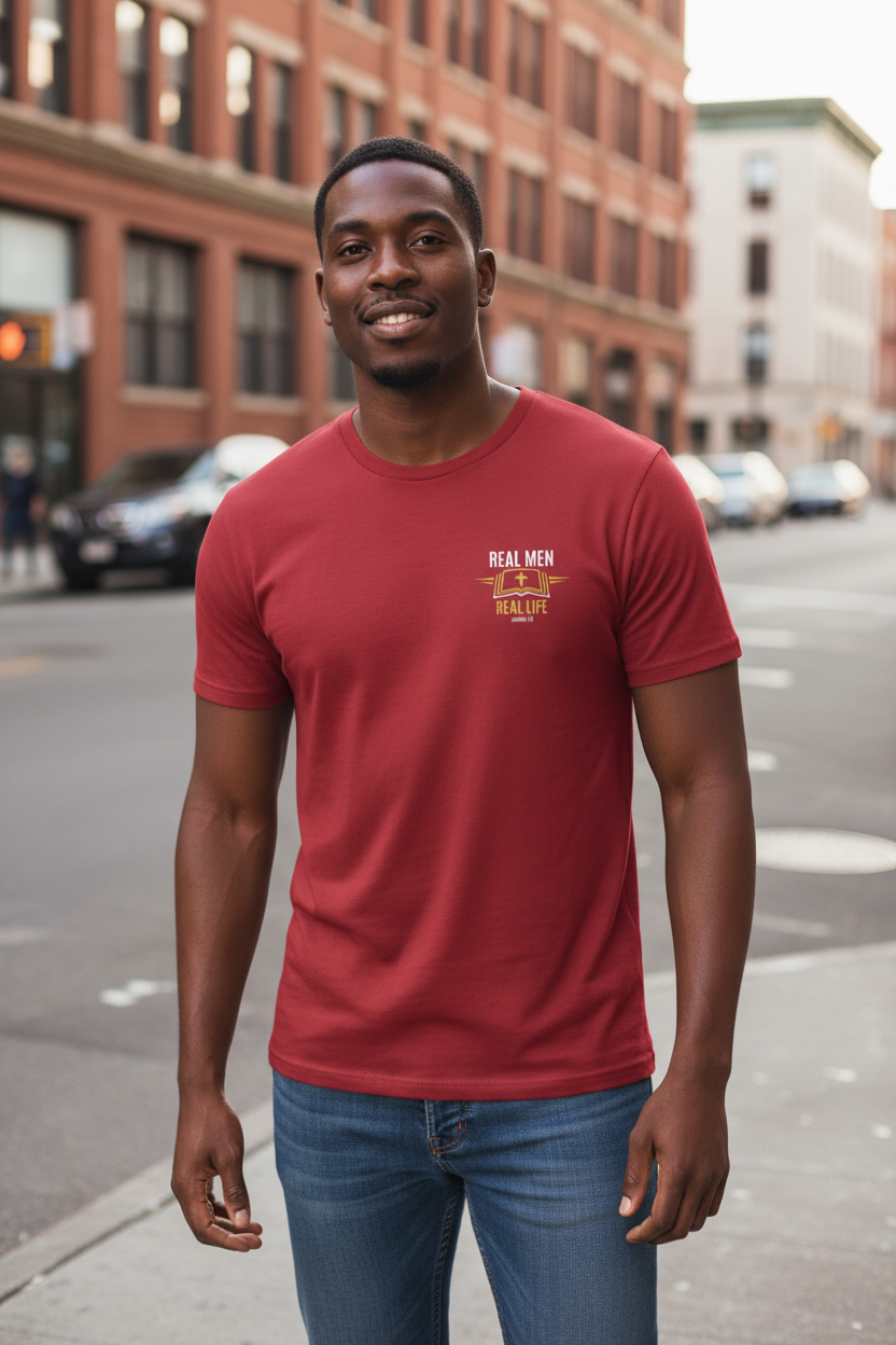 Man on urban street wearing cardinal red RMRL Core Identity Collection tee with bold center-chest Real Men Real Life logo