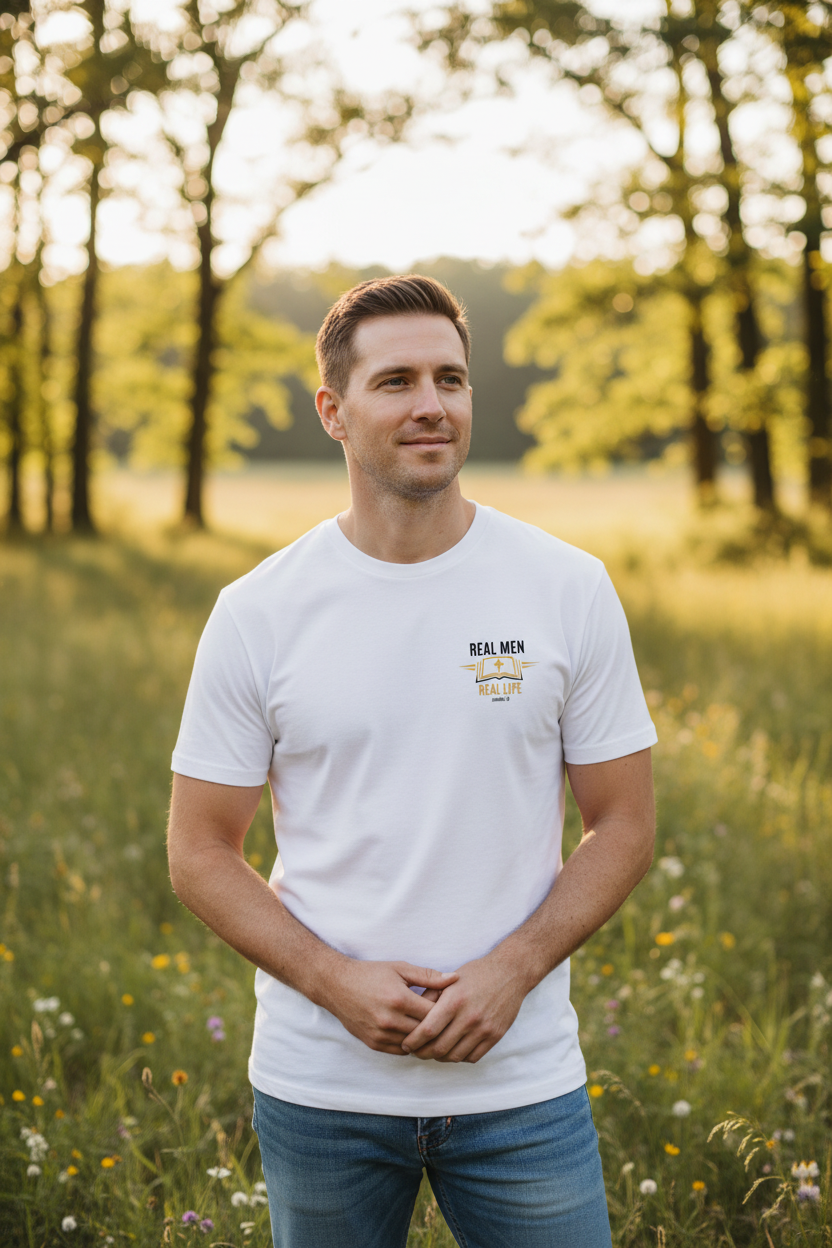 Man in open natural outdoor setting wearing white RMRL Core Identity Collection tee with bold center-chest Real Men Real Life logo
