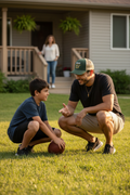 Latino father crouched with son holding football in backyard wearing military green khaki RMRL Trucker Hat