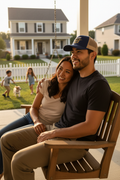 Asian father on porch swing with wife and kids in yard wearing navy khaki RMRL Trucker Hat