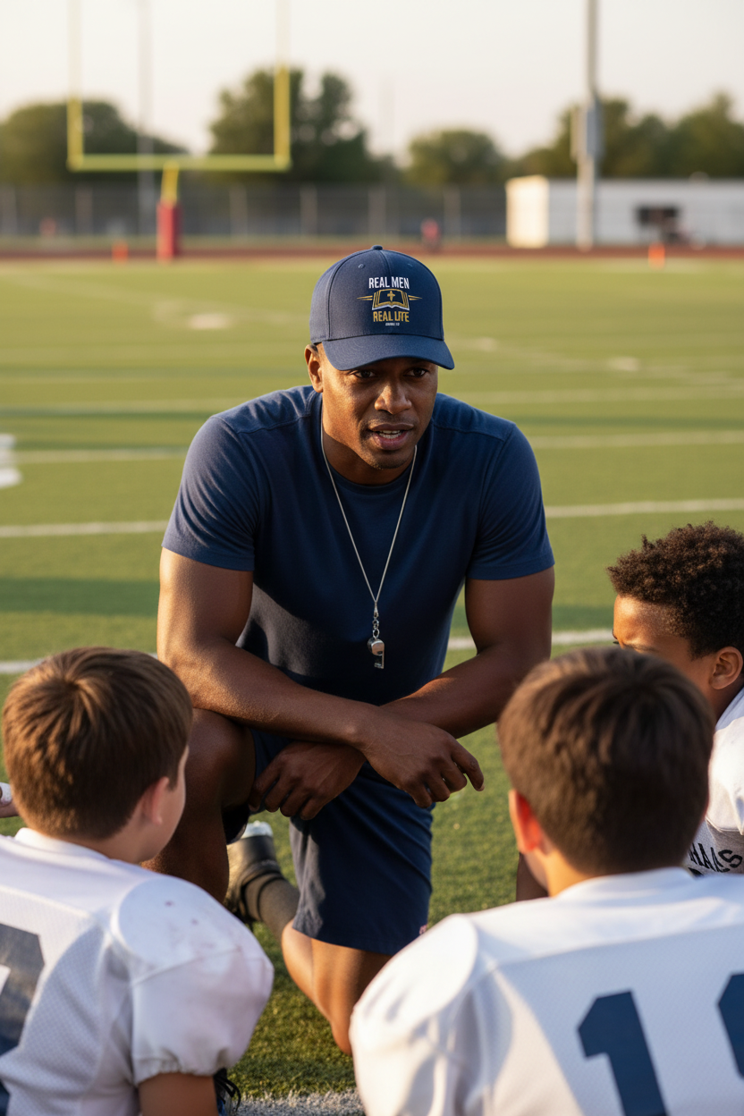 African American man coaching youth football wearing solid navy RMRL Core Identity Cap