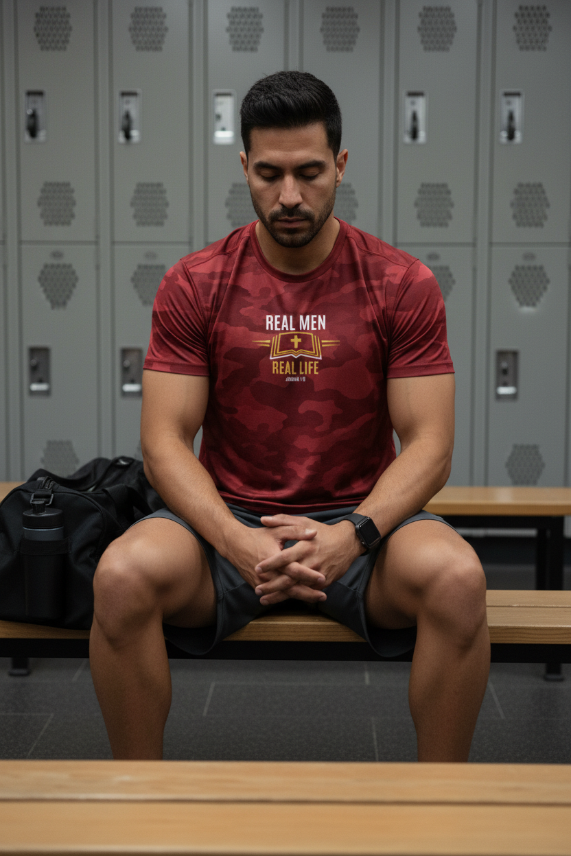 Latino man in gym locker room mentally preparing wearing RMRL Cardinal Red Camo Dry-Fit Tee with Real Men Real Life center-chest logo