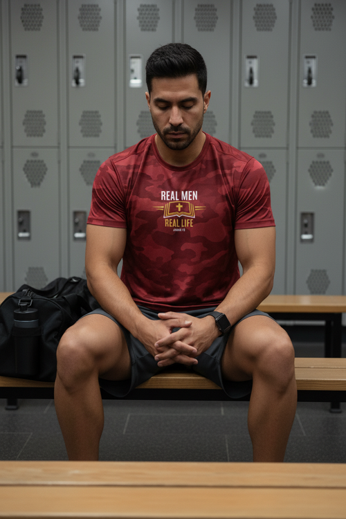 Latino man in gym locker room mentally preparing wearing RMRL Cardinal Red Camo Dry-Fit Tee with Real Men Real Life center-chest logo
