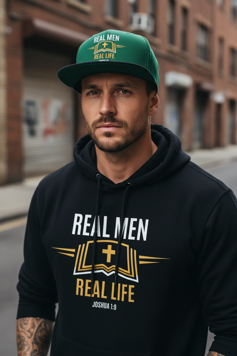 Man in gritty urban alley wearing deep green RMRL Streetwear flatbill snapback with RMRL hoodie