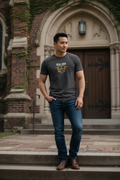 Man on church steps wearing dark heather RMRL Core Identity Collection tee with bold center-chest Real Men Real Life logo
