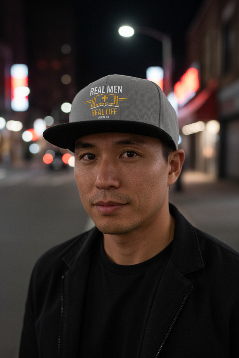 Asian man at nightlife urban setting wearing solid stone grey RMRL Streetwear flatbill Snapback