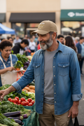 Seasoned rugged Middle Eastern man at farmers market wearing solid stone RMRL Core Identity Cap