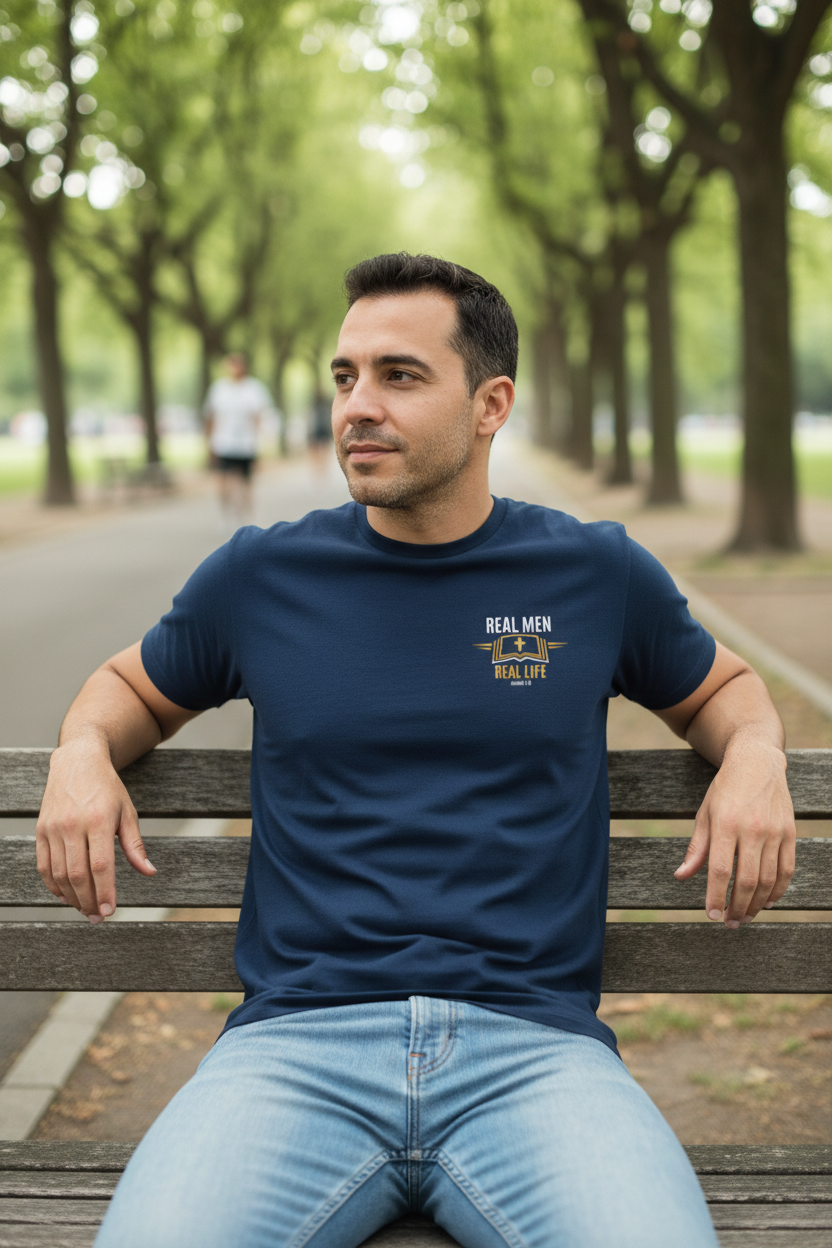 Man relaxing outdoors in park wearing navy RMRL Core Identity Collection tee with bold center-chest Real Men Real Life logo