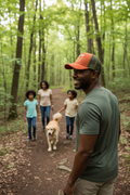 African American father leading family on nature trail wearing burnt orange military green RMRL Trucker Hat
