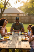 African American father at backyard picnic table with family wearing black khaki RMRL Trucker Hat