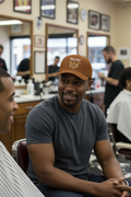 African American man at barbershop wearing solid caramel brown RMRL Core Identity Cap