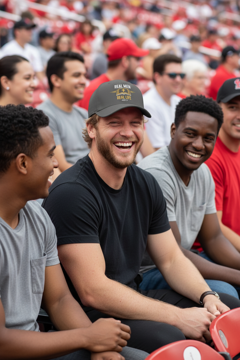 Caucasian man with friends at stadium wearing solid charcoal RMRL Core Identity Cap