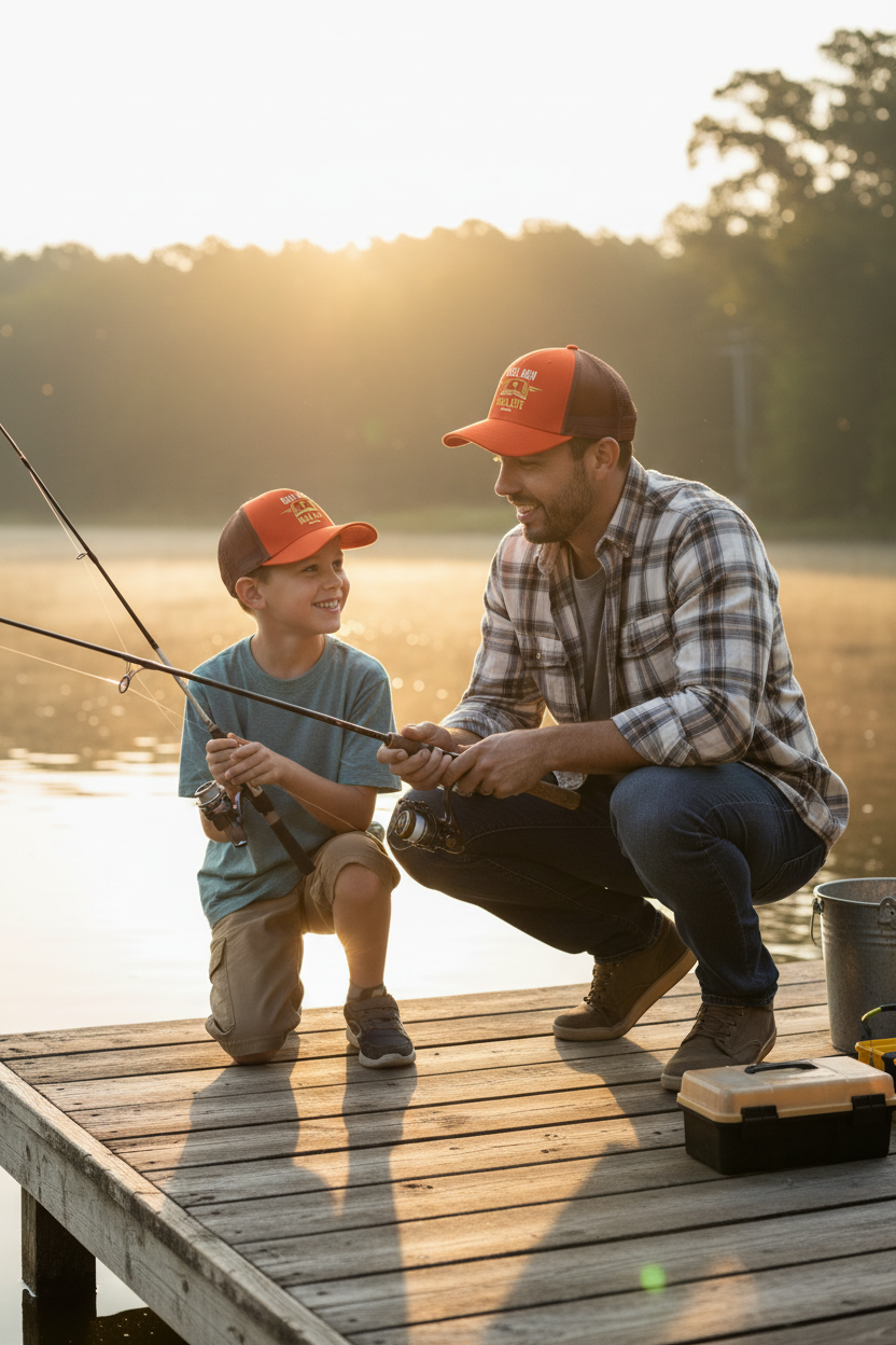 Father and son twinning in matching blaze orange brown RMRL Trucker Hats fishing on a dock at sunrise