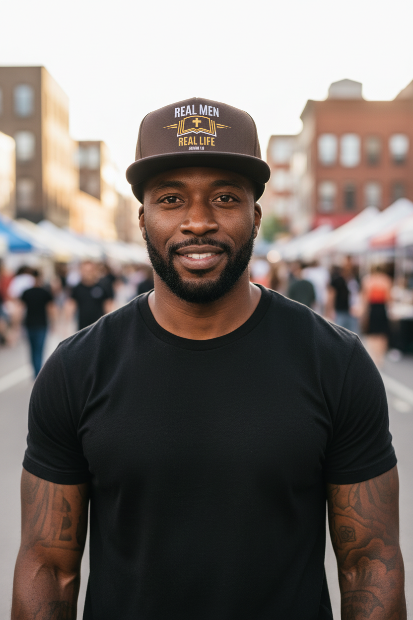 African American man at urban neighborhood block wearing dark brown RMRL Streetwear flatbill snapback