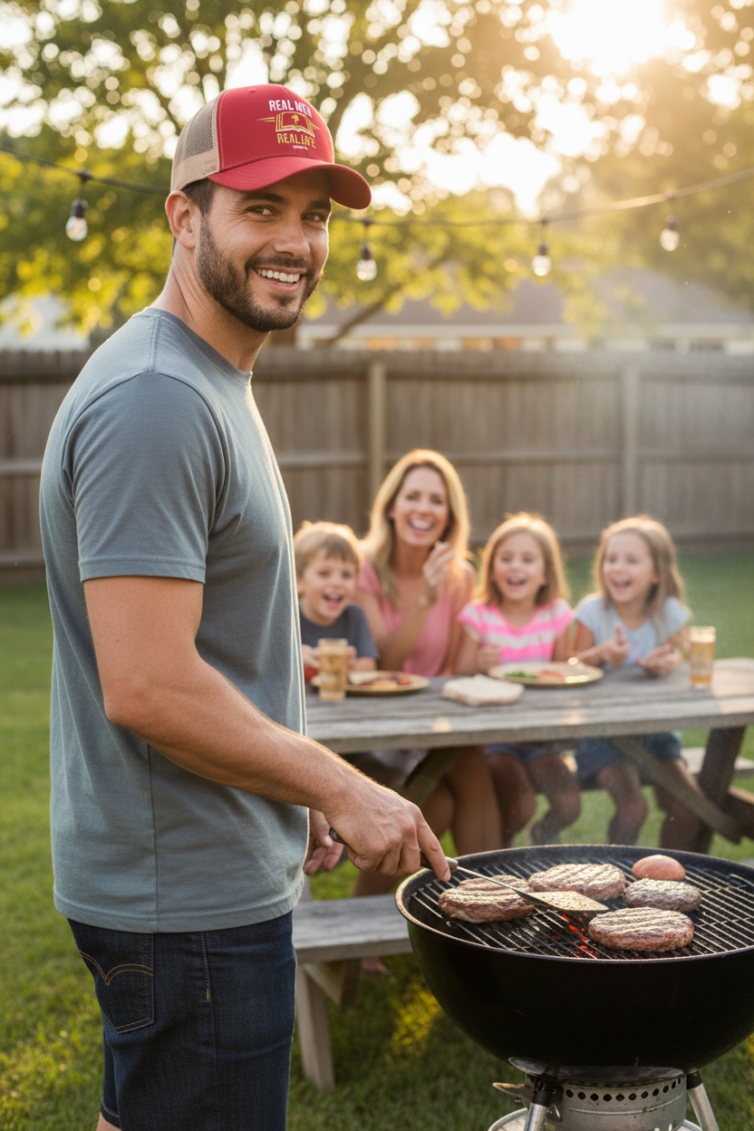 Caucasian father at backyard grill smiling at family wearing cardinal red khaki RMRL Trucker Hat