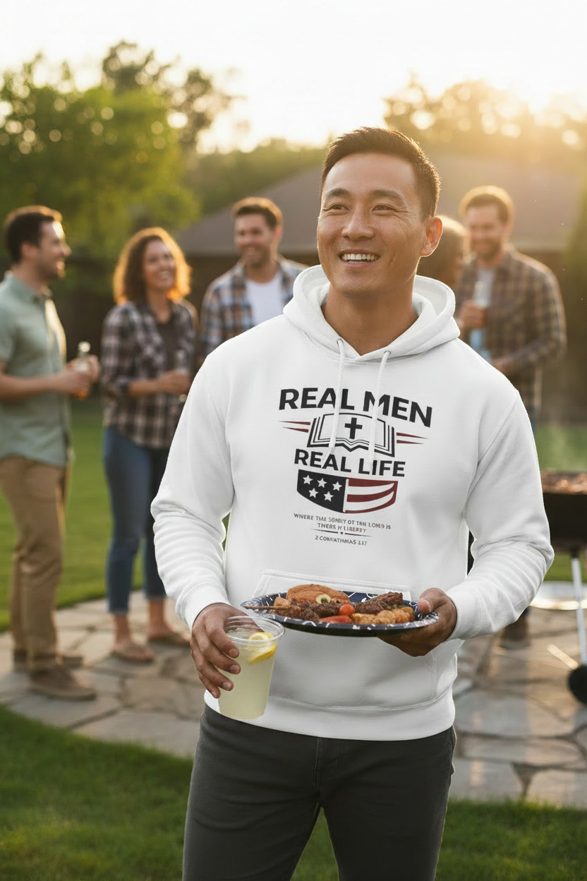 RMRL Liberty Hoodie Scripture Collection White - Asian man at backyard BBQ lifestyle hero
